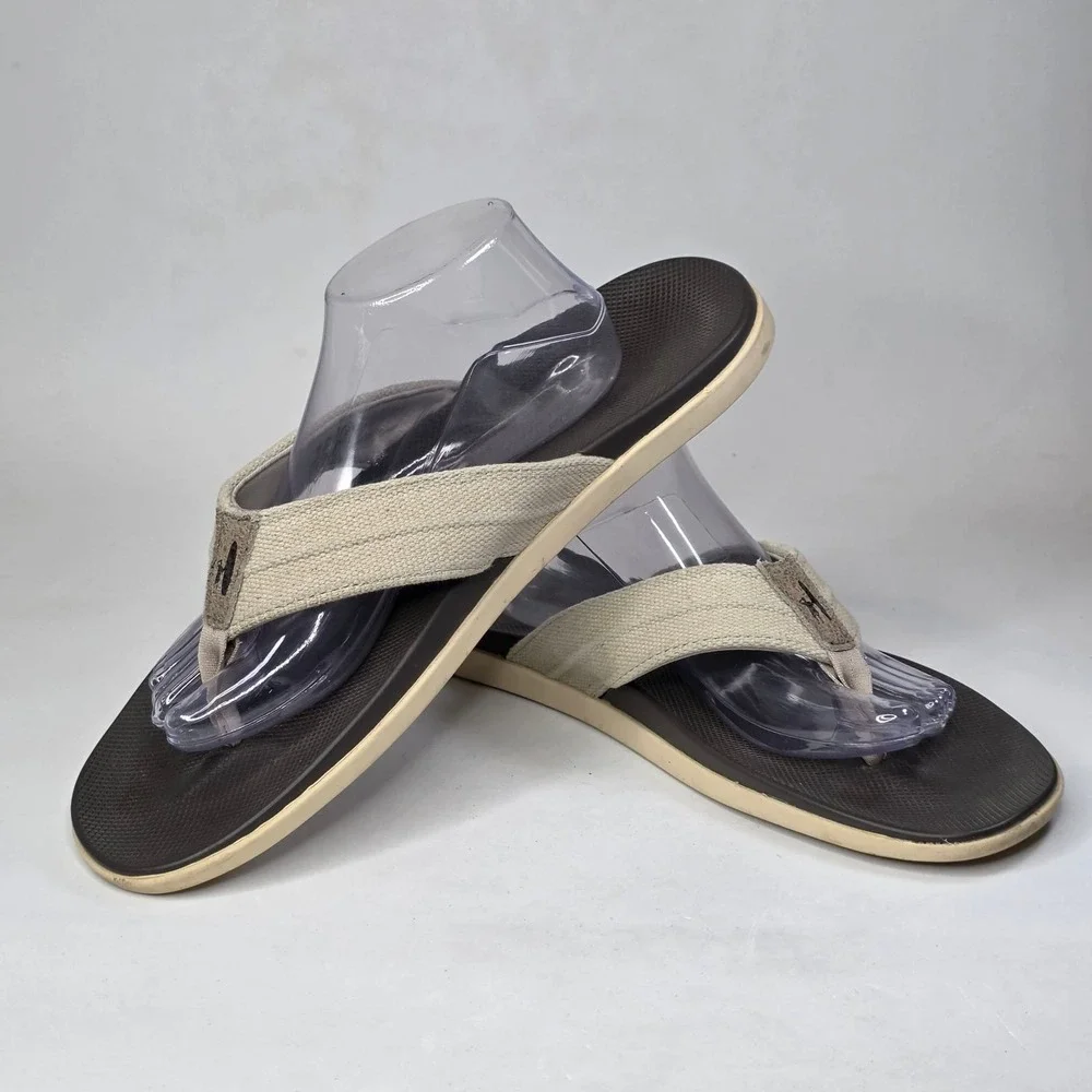 Johnnie-O Portside Mens Khaki Tan Brown Textile Flip Flop Sandals Size 13 M Shoe
